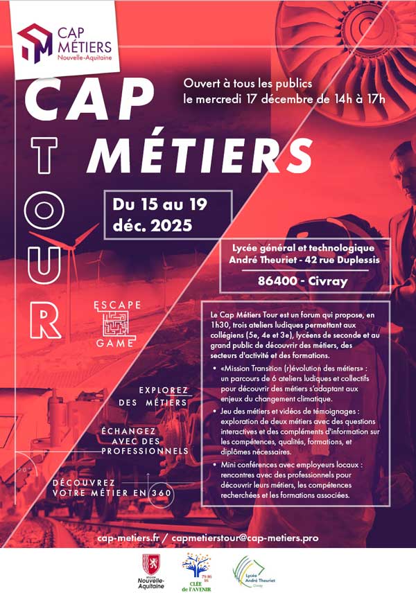 Affiche annonçant le Cap Métiers Tour à Civray du 15 au 19 décembre 2025, avec escape game, ateliers métiers et rencontres professionnelles.
