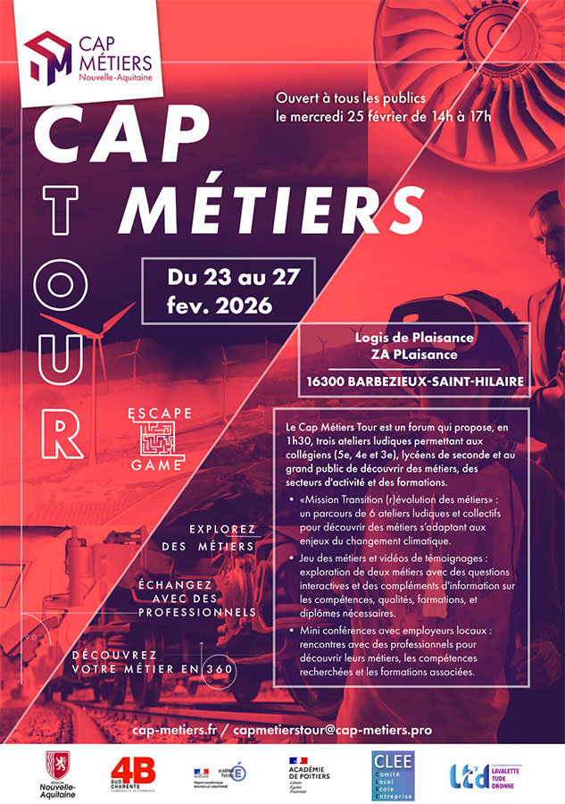 Affiche du Cap Métiers Tour 2026 organisé par Cap Métiers Nouvelle-Aquitaine, forum des métiers du 23 au 27 février 2026 à Barbezieux-Saint-Hilaire, avec ateliers, escape game, rencontres professionnelles et découverte des formations.